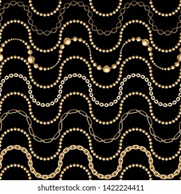 Gold  metal shine chains  seamless . Fashion illustration. Seamless pattern abstract design. Filigree necklce on black background. 