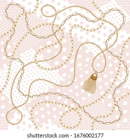 Gold  metal shine chains  with  tassel seamless . Fashion motifs. Pattern abstract design. Filigree necklce on polka dots background. Idea for material, fabric, textile, wallpaper.