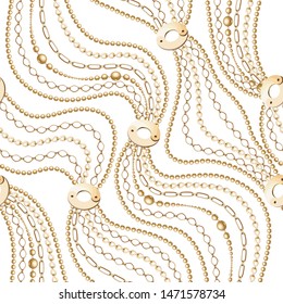 Gold metal shine chains with tassels and rosette seamless . Fashion illustration. Pattern on white background. Filigree golden necklce in baroque style. Idea for material, textile, fabric design