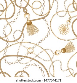 Gold Metal Shine Chains With Tassels And Rosette Seamless . Fashion Illustration. Pattern On White Background. Filigree Golden Necklce In Baroque Style. Idea For Material, Textile, Fabric Design