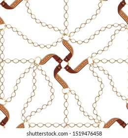 Gold metal shiny chains with leather belts seamless on white background. Fashion illustration. Collection of jewelry. Seamless pattern abstract design.Idea for material, fabric, textile, wallpaper.