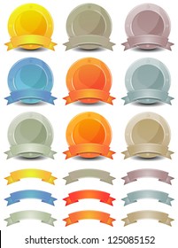 Gold, Metal And Silver Medals, Shields And Banners/ Illustration of a set of cartoon badges, medals, awards, shields, banners and ribbons in different colors