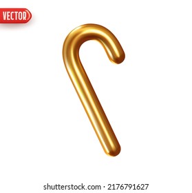 Gold metal Stick cane geometric element. Minimal abstract Christmas cane candy. Realistic 3d design style. Icon isolated on white background. Vector illustration