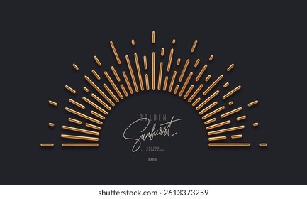 Gold metal sunburst rays on dark background. 3d render vector illustration.