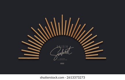 Gold metal sunburst rays on dark background. 3d render vector illustration.