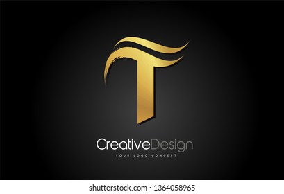 Gold Metal T Letter Design Brush Paint Stroke. Letter Logo on Black Background