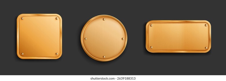Gold metal tag collection with screws on dark background. Shiny brass plates in square, circular and rectangular shapes for signage. Premium metallic nameplates with mounting hardware for branding.