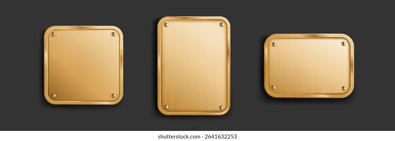 Gold metal tag collection with screws on dark background. Shiny brass plates in square and rectangular shapes for signage. Premium metallic nameplates with mounting hardware for branding.