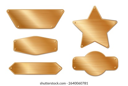 Gold metal tag set with brushed brass texture and mounting screws. Star, trapezoid, hexagon, diamond and ornate shapes for awards or premium signage. Polished metallic nameplates for luxury branding.