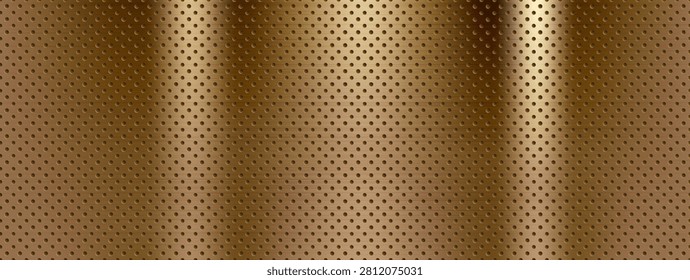 Gold metal texture with brown perforation and vertical shine. Brass plate pattern in dark golden tone for luxury background. Vector graphic of perforated brown metal foil with mirror light.