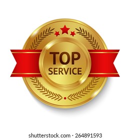 Gold metal top service badge with red ribbon and decoration vector illustration