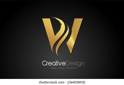 Gold Metal W Letter Design Brush Paint Stroke. Letter Logo with Black Background