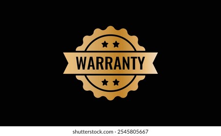 Gold Metal warranty badge design. Round emblem with a star, seal, and star elements. Ideal for use in consumer assurance, product packaging, and promotional materials for quality guarantee.