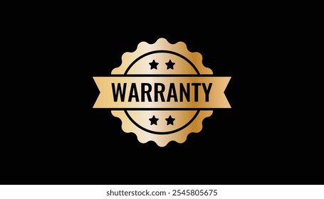 Gold Metal warranty badge design. Round emblem with a star, seal, and star elements. Ideal for use in consumer assurance, product packaging, and promotional materials for quality guarantee.