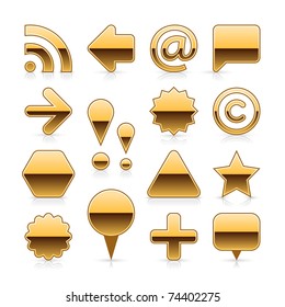Gold metal web button set with gray shadow and grey reflection on white background