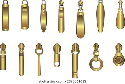 Juego de ilustraciones vectoriales de sketch plano de zipper de metal dorado, diferentes tipos de zip de latón 3D para sujetadores, vestidos de prendas, bolsas, ilustración de moda, ropa y accesorios