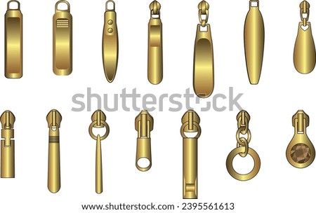 Gold metal Zipper puller flat sketch vector illustration set, different types of 3D brass Zip pull for fasteners, dresses garments, bags, Fashion illustration, Clothing and Accessories