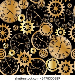 Gold metalic mechanical gears and clocks seamless pattern on black background