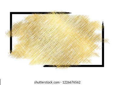Gold metall texture, black frame. Golden color paint stroke isolated white background. Glitter stain design bright border, frame, Happy New Year banner, Christmas celebration Vector illustration