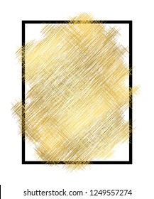 Gold metall texture, black frame. Golden color paint stroke isolated white background. Glitter stain design bright border, frame, Happy New Year banner, Christmas celebration Vector illustration