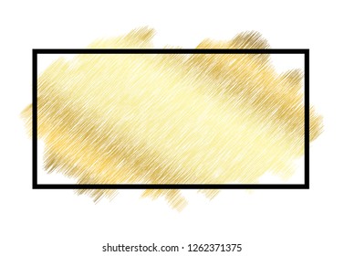 Gold metall texture, black frame. Golden color paint stroke isolated white background. Glitter stain design bright border, frame, Happy New Year banner, Christmas celebration Vector illustration