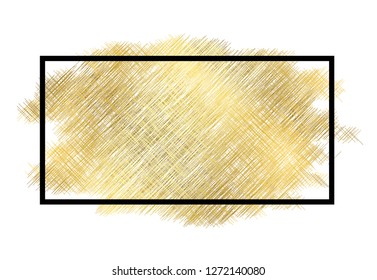 Gold metall texture, black frame. Golden color paint stroke isolated white background. Glitter stain design bright border, frame, Happy New Year banner, Christmas celebration Vector illustration