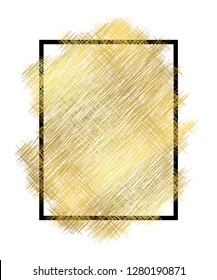 Gold metall texture, black frame. Golden color paint stroke isolated white background. Glitter stain design bright border, frame, Happy New Year banner, Christmas celebration Vector illustration