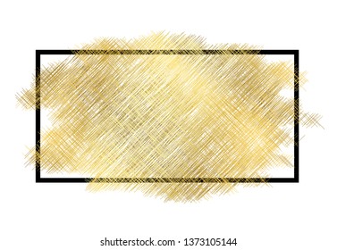 Gold metall texture, black frame. Golden color paint stroke isolated white background. Glitter stain design bright border, frame, Happy New Year banner, Christmas celebration Vector illustration