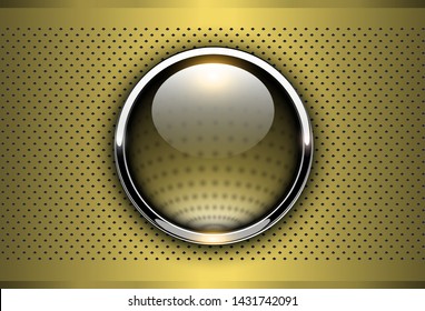 Gold metallic background, 3D with shiny button and dotted pattern, vector illustration.