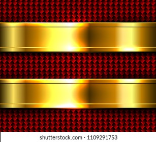 Gold metallic background banners over interesting red pattern, vector design.