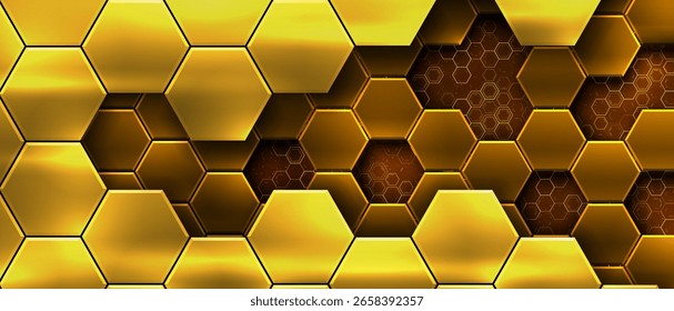 Gold metallic background with hexagonal shapes. Perfect for any futuristic design.