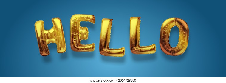 Gold metallic balloon font of upper case letters HELLO golden art. realistic isolated golden balloon text of Hello. Concept of welcoming and greeting.