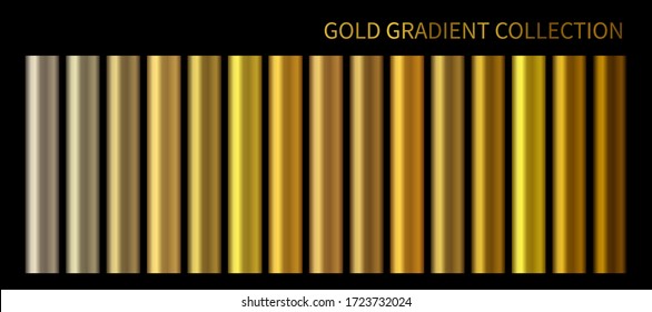 Gold Metallic, bronze, silver, chrome, copper metal foil texture gradient template. Vector Golden swatch set. Vector Metallic gold gradient illustration gradation for banner, web, flyers digital