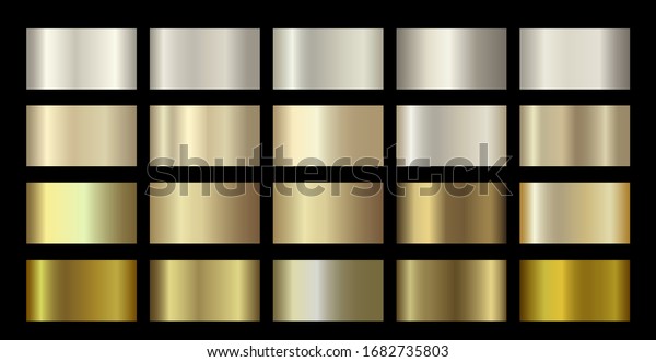 Gold Metallic, bronze, silver, chrome, copper\
metal foil texture gradient template. Vector Golden swatch set.\
Vector Metallic gold gradient illustration gradation for banner,\
web, flyers digital