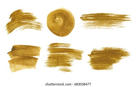 Gold Metallic Brush Stroke Set. Isolated Hand Drawn Vector Brushes. Gold Glitter Texture.