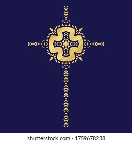 Gold metallic cross design element icon. Isolated decorative faith symbol motif. Ornate decorated shiny metal effect. 