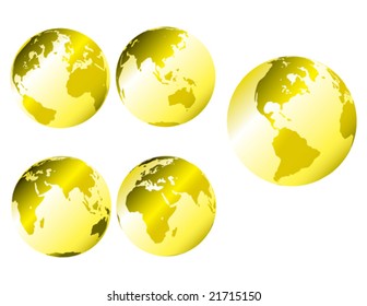 Gold metallic earth - multiple views of the earth with glossy metallic shading