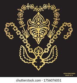 Gold metallic fleur de lis paisley arabesque design element. Isolated decorative hand drawn foulard flower flourish. Lace damask embroidery style