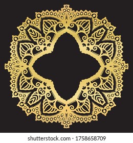 Gold metallic floral arabesque frame design element. Isolated decorative hand drawn foulard flower flourish. Lace damask embroidery style invitation card