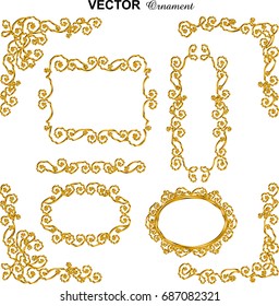 Gold metallic frame classical ornaments, decorative rings, decorative boxes and enclosure rings. Hand drawn ribbon Vector