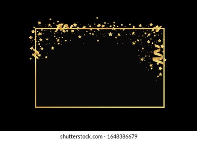 Marco metálico dorado con chispas. Vector Objetos aislados en un fondo negro. Utilizado para invitaciones de boda, tarjetas de cumpleaños, pancartas,