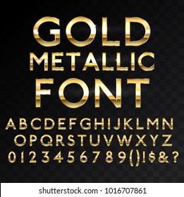 Gold Metallic Glossy Vector Font Or Gold Style Alphabet. Yellow Metal Typeface. Metallic Golden Abc, Alphabet Typographic Luxury  Premium Deluxe Text Effect  Isolated In Transparent Black Background