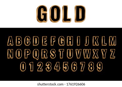 Gold metallic glossy vector font or gold style alphabet. Yellow metal 3D typeface. Metallic golden abc, alphabet typographic luxury premium deluxe text effect isolated vector illustration.