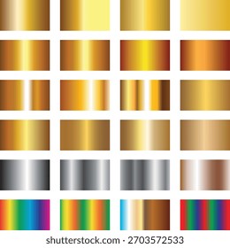 Vetor de paleta de gradiente de ouro e metal, conjunto de amostras de cores brilhantes, coleção de amostra de tom de metal de luxo para design gráfico e arte criativa