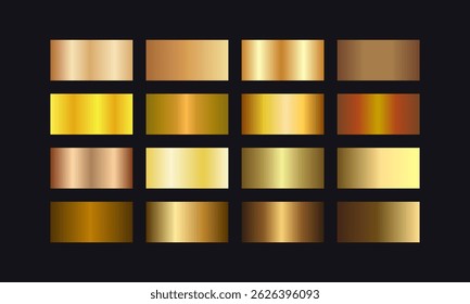 Gold metallic gradient swatches set for design and branding, vector file with shiny foil textures