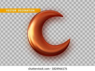 Gold metallic half month islamic symbol. Crescent decor element for Ramadan Kareem celebration. vector isolated object.