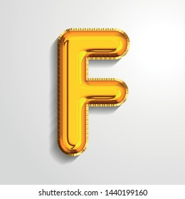 Gold metallic helium alphabet balloon foil letter F realistic 3d render air balloon. Collection of golden balloon alphabet Vector illustration.