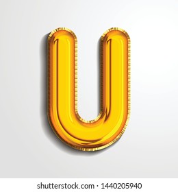 Gold metallic helium alphabet balloon foil letter U realistic 3d render air balloon. Collection of golden balloon alphabet Vector illustration.