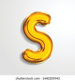 Gold metallic helium alphabet balloon foil letter S realistic 3d render air balloon. Collection of golden balloon alphabet Vector illustration.