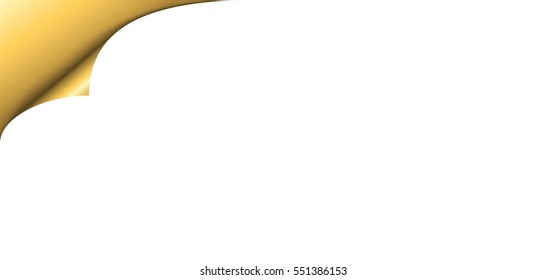 Gold metallic paper corner with shadow on white background. Golden turn empty sticker. Curl note label. Template curly edge sheet document. Decoration graphic element banner Vector illustration